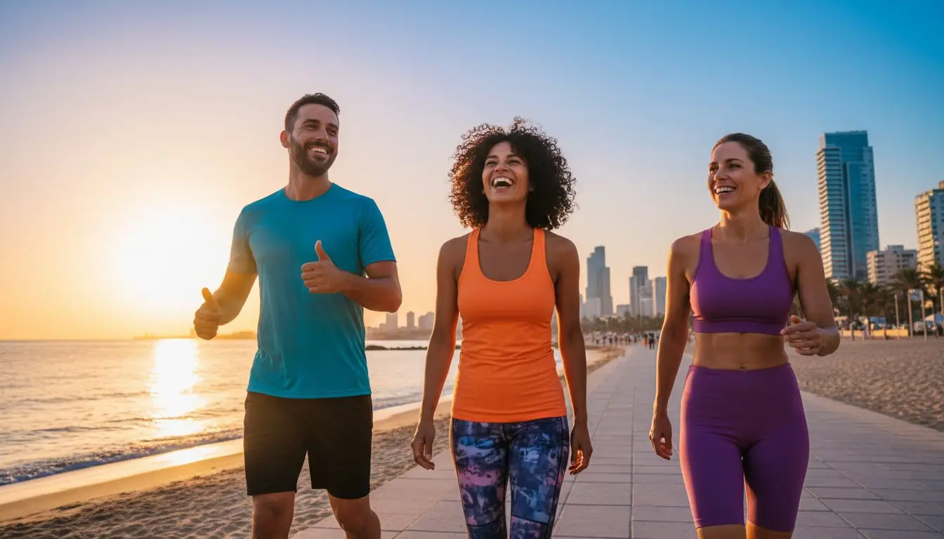 אנשים רצים על חוף הים למניעת סיכונים בריאותיים של עודף משקל